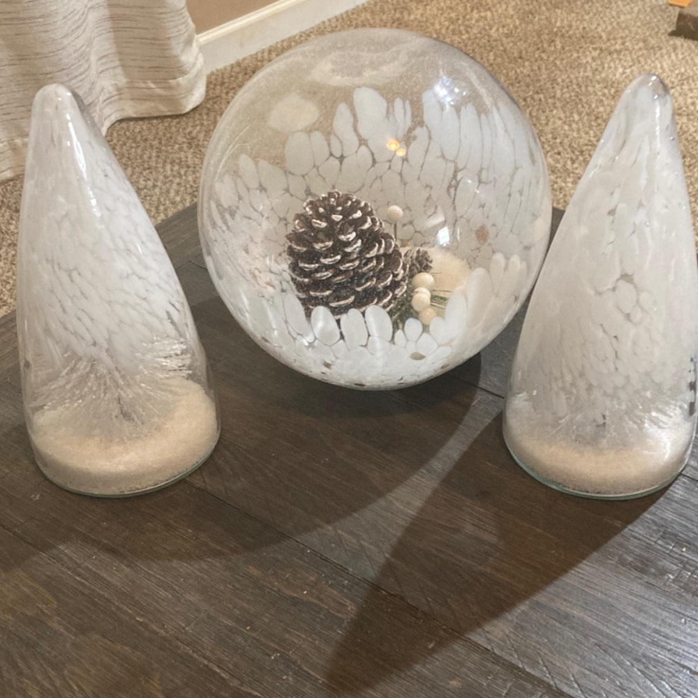 Three-Piece White Art Glass Decorative Set - Cone Trees & Orb